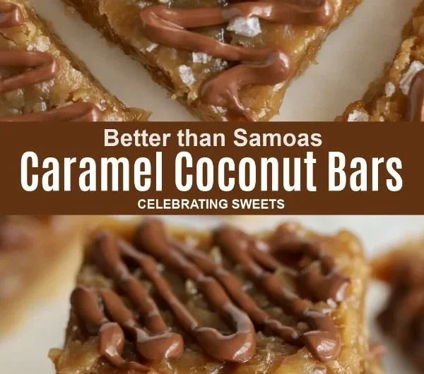 Delicious Samoas Bar Cookies topped with caramel, chocolate, and coconut