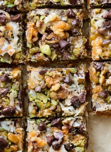 Delicious seven layer bars with chocolate, coconut, and nuts stacked in layers.