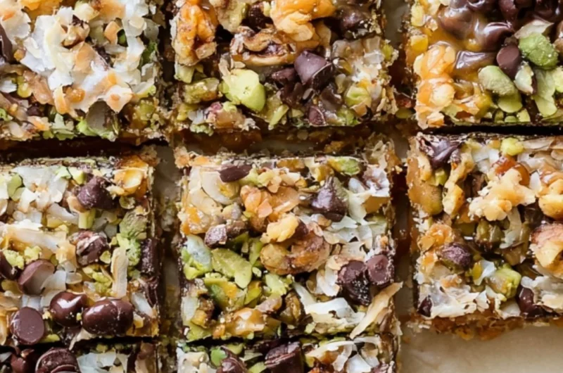Delicious seven layer bars with chocolate, coconut, and nuts stacked in layers.
