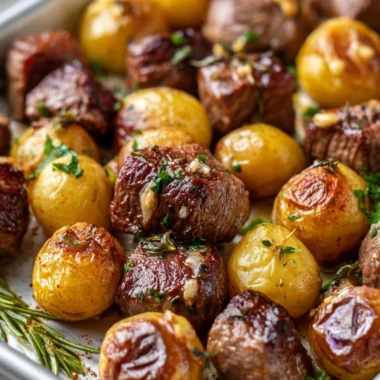 Sheet Pan Garlic Butter Steak Bites served with crispy potatoes
