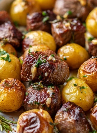 Sheet Pan Garlic Butter Steak Bites served with crispy potatoes