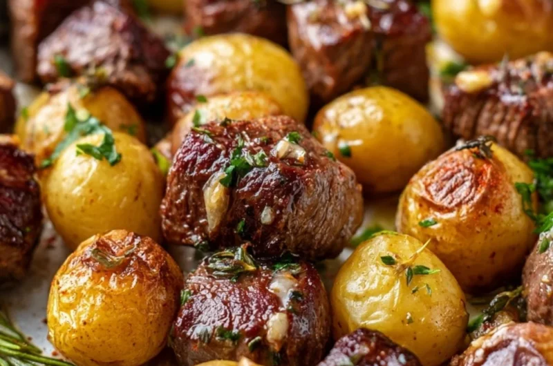 Sheet Pan Garlic Butter Steak Bites served with crispy potatoes
