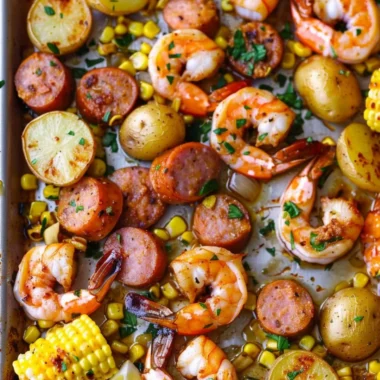 Delicious sheet pan shrimp boil with shrimp, corn, and potatoes