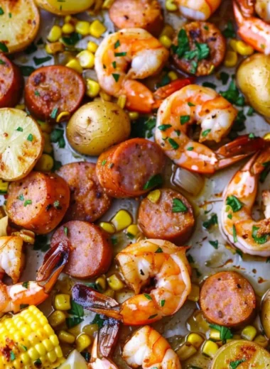 Delicious sheet pan shrimp boil with shrimp, corn, and potatoes