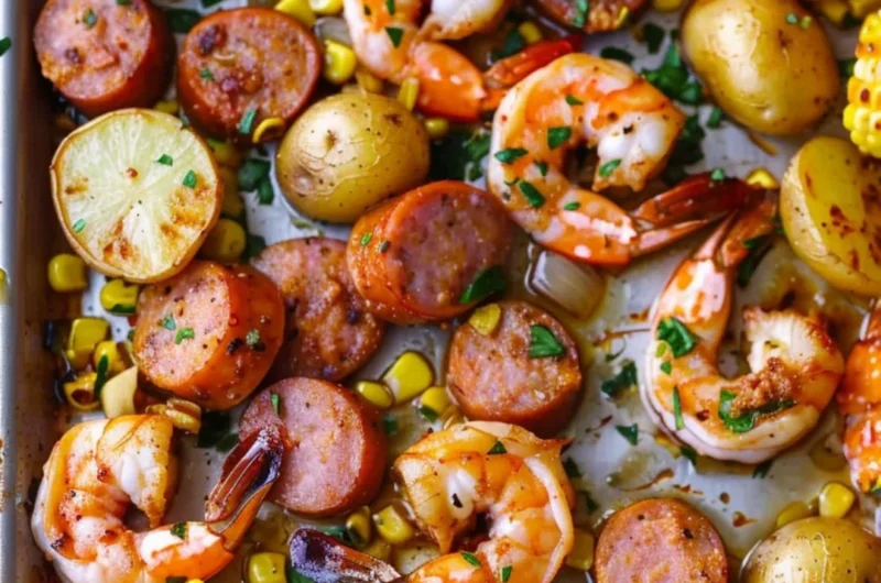 Delicious sheet pan shrimp boil with shrimp, corn, and potatoes
