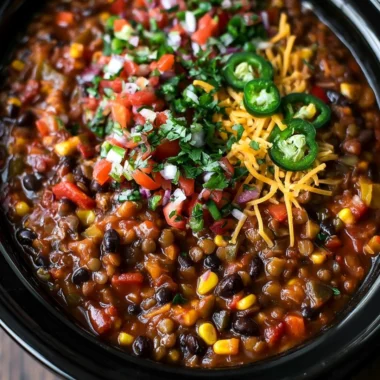 Bowl of slow cooker lentil taco chili topped with avocado and cilantro