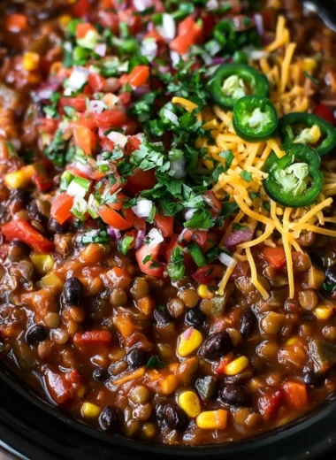 Bowl of slow cooker lentil taco chili topped with avocado and cilantro