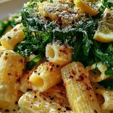 Bowl of creamy lemon ricotta pasta with fresh arugula garnishing the top