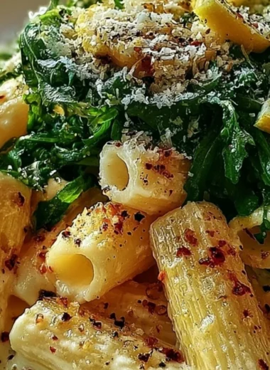 Bowl of creamy lemon ricotta pasta with fresh arugula garnishing the top