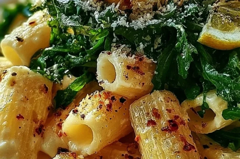 Bowl of creamy lemon ricotta pasta with fresh arugula garnishing the top