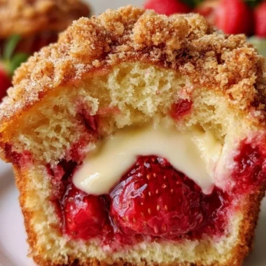 Freshly baked strawberry muffins with cream cheese filling