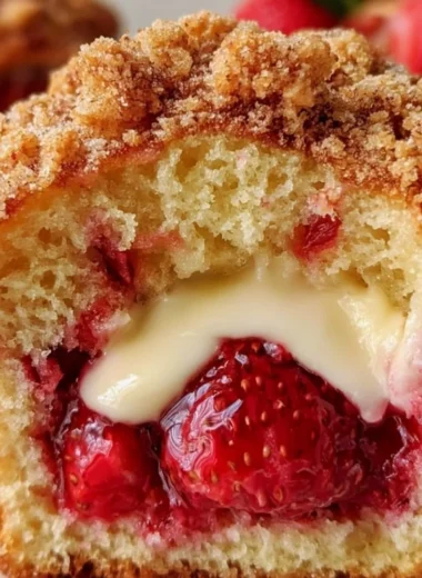 Freshly baked strawberry muffins with cream cheese filling