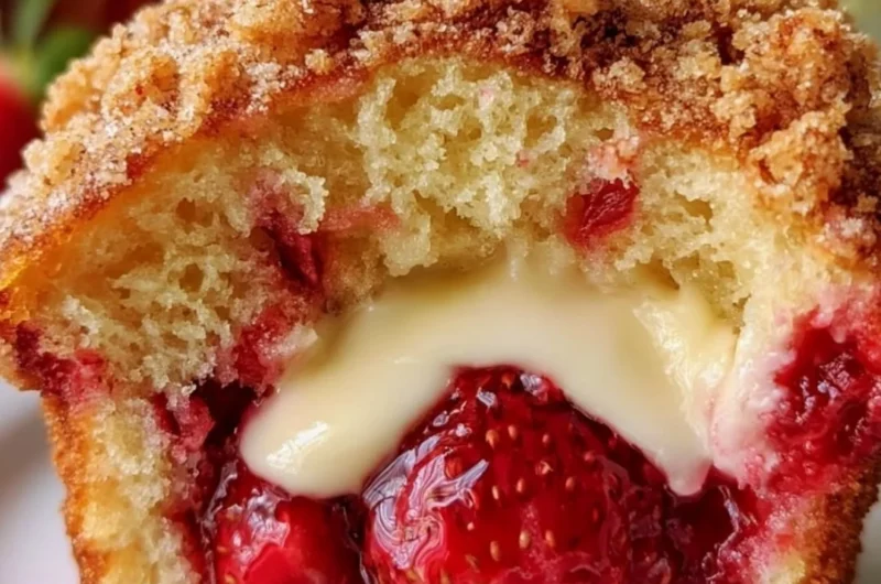 Freshly baked strawberry muffins with cream cheese filling