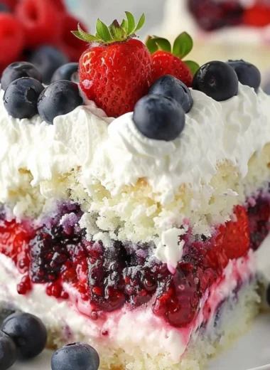 A delicious Summer Berry Poke Cake topped with fresh berries and cream.
