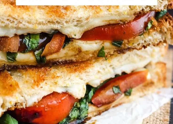 Toasted Caprese sandwich with mozzarella, tomatoes, and fresh basil