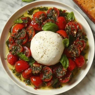 A colorful Tomato and Burrata Salad featuring fresh ingredients and vibrant presentation.