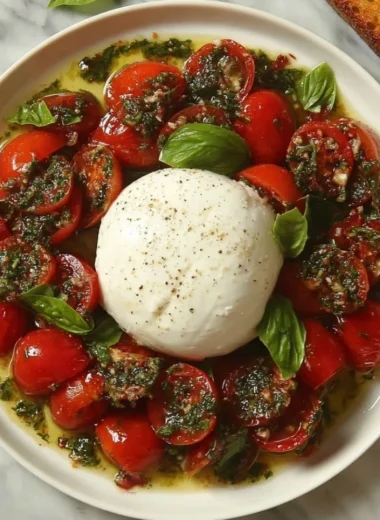 A colorful Tomato and Burrata Salad featuring fresh ingredients and vibrant presentation.
