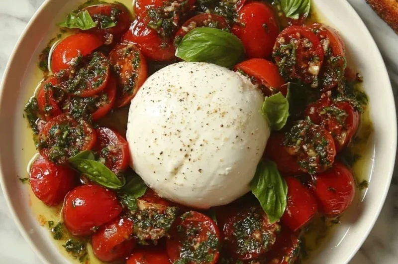 A colorful Tomato and Burrata Salad featuring fresh ingredients and vibrant presentation.