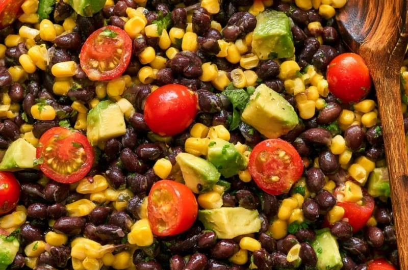 Vegan black bean salad with fresh vegetables and herbs in a bowl