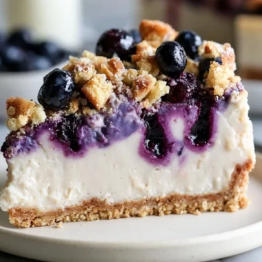 Delicious vegan blueberry crumble cheesecake topped with a crumble layer
