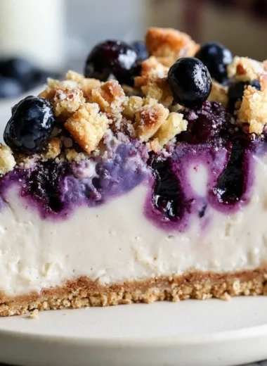 Delicious vegan blueberry crumble cheesecake topped with a crumble layer
