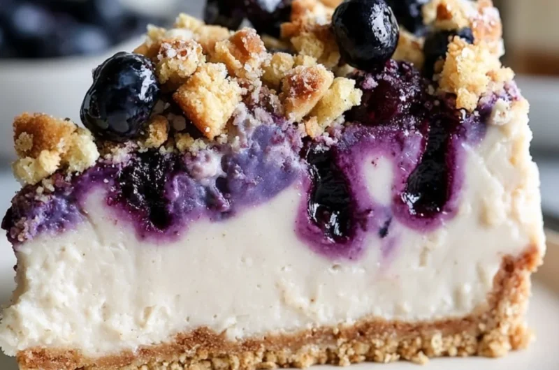Delicious vegan blueberry crumble cheesecake topped with a crumble layer