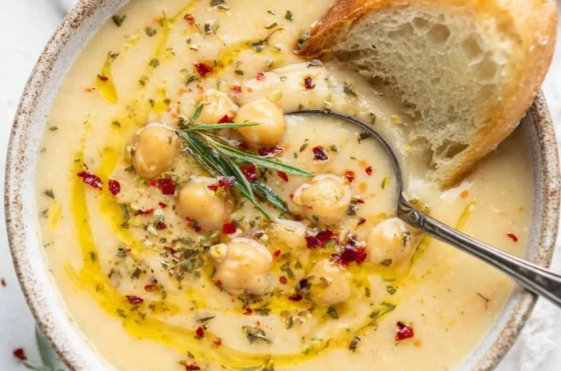 Bowl of Vegan Garlic Chickpea Soup garnished with fresh herbs
