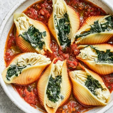 Plate of vegan stuffed shells filled with vegan cheese and herbs