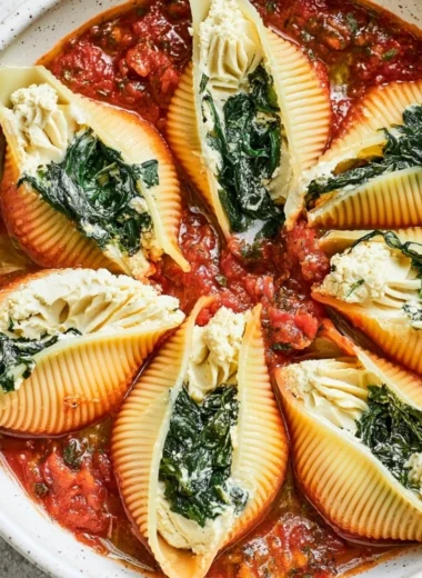 Plate of vegan stuffed shells filled with vegan cheese and herbs
