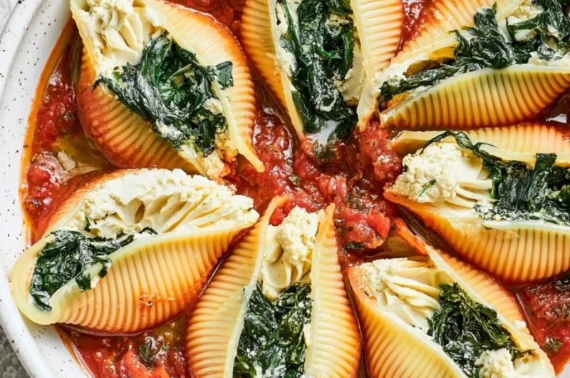 Plate of vegan stuffed shells filled with vegan cheese and herbs