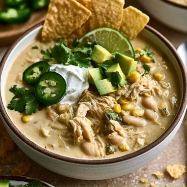 A cozy bowl of white chicken chili garnished with cilantro and lime.