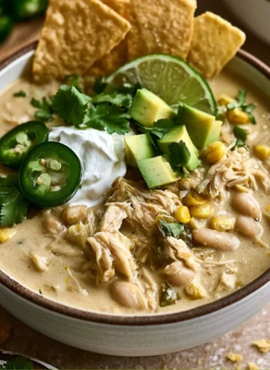 A cozy bowl of white chicken chili garnished with cilantro and lime.