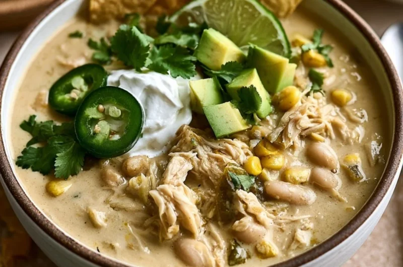 A cozy bowl of white chicken chili garnished with cilantro and lime.