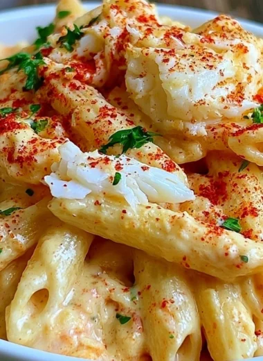 Plate of cozy Cajun Crab Pasta topped with fresh herbs