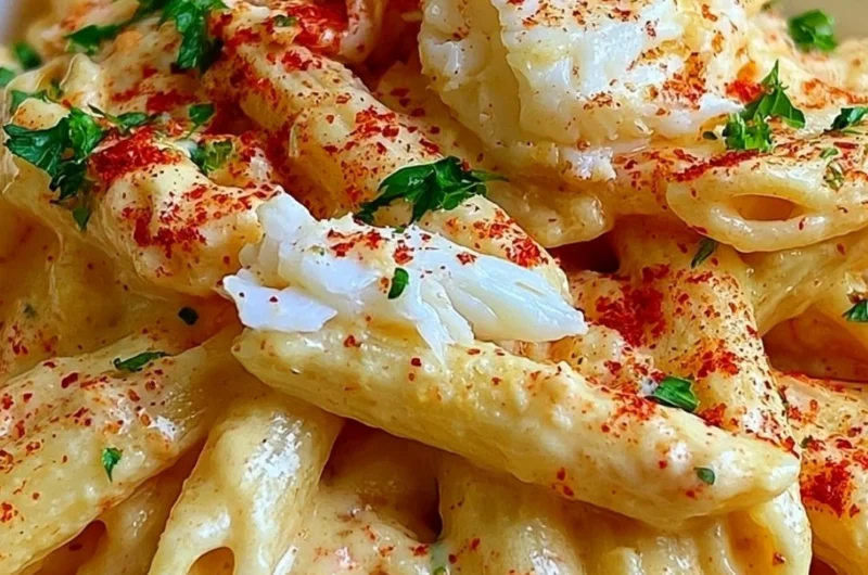 Plate of cozy Cajun Crab Pasta topped with fresh herbs