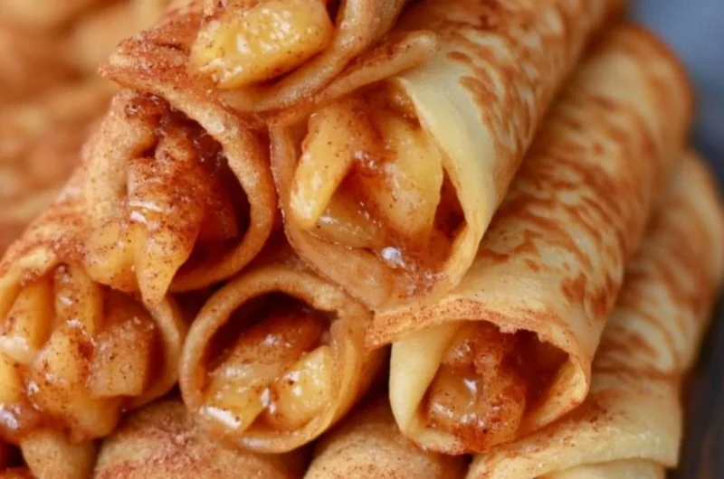Delicious Apple Cinnamon Crepes topped with apples and cinnamon sauce