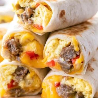 Delicious breakfast burritos filled with eggs and cheese served on a plate.