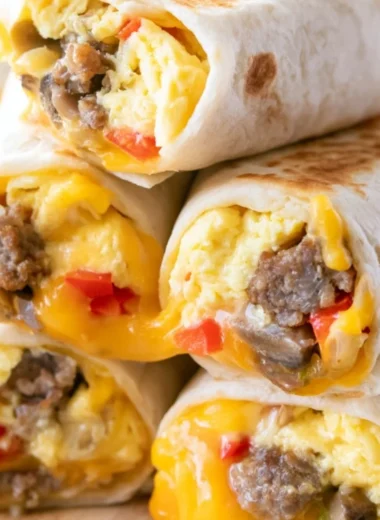 Delicious breakfast burritos filled with eggs and cheese served on a plate.