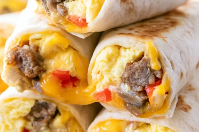 Delicious breakfast burritos filled with eggs and cheese served on a plate.