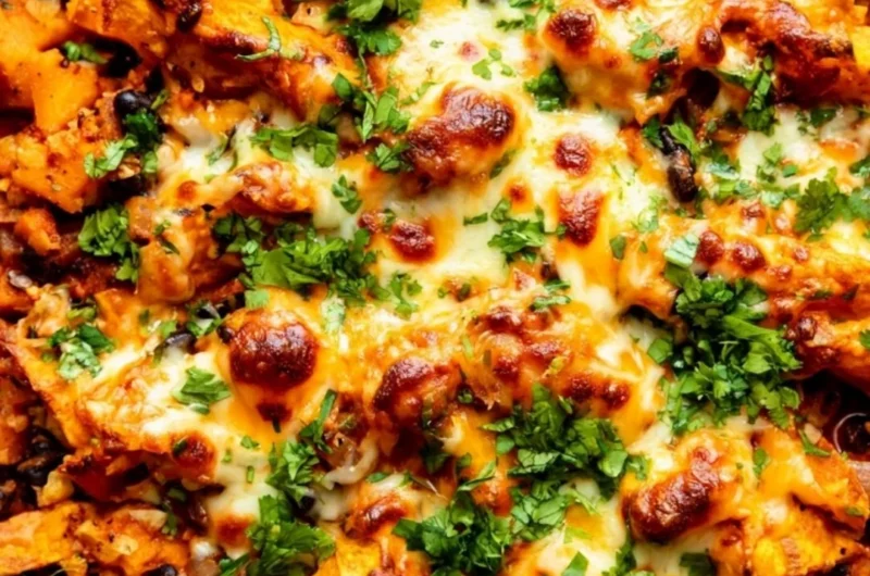 Butternut squash and black bean enchilada skillet topped with cheese and cilantro