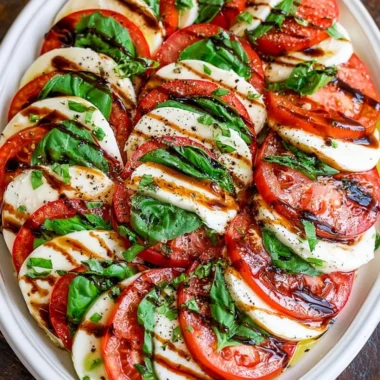 Fresh Caprese Salad with tomatoes, mozzarella, and basil on a plate