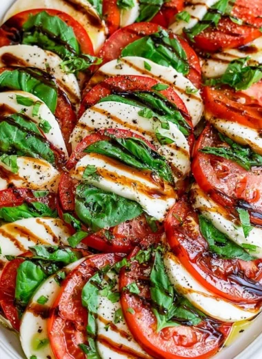 Fresh Caprese Salad with tomatoes, mozzarella, and basil on a plate