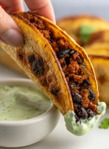 Cozy baked turkey tacos topped with fresh vegetables and cheese