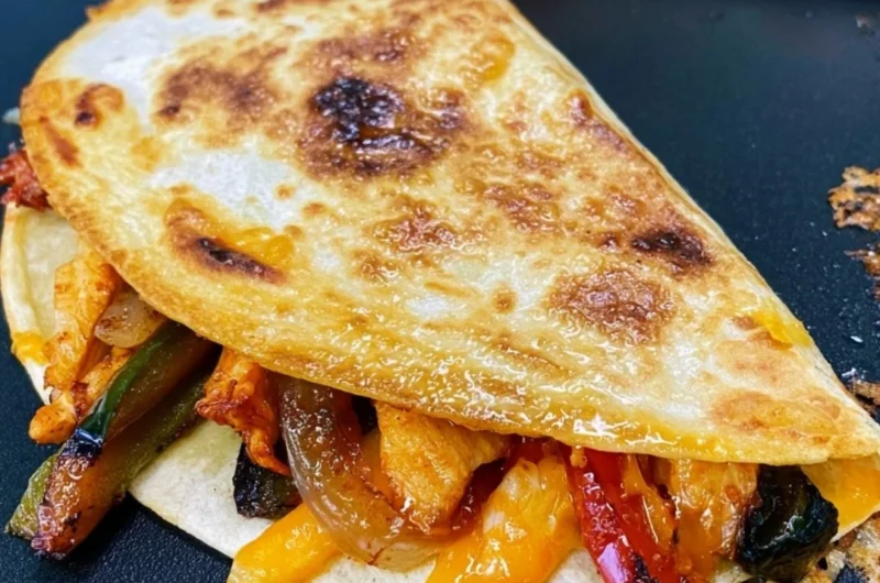 Cozy Blackstone chicken fajita quesadillas served on a plate with toppings.