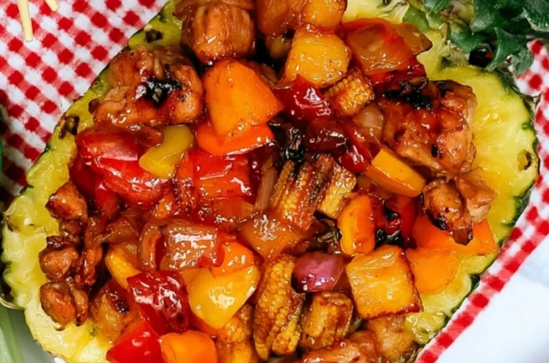 Delicious Blackstone Pineapple Chicken grilling on a flat top grill