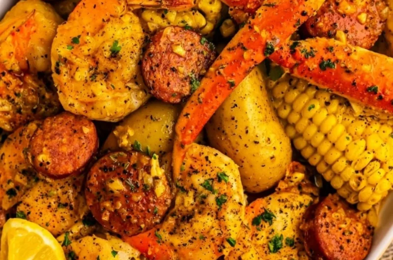 Delicious Cajun seafood boil with shrimp, crab, and spices served in a cozy dining setting.