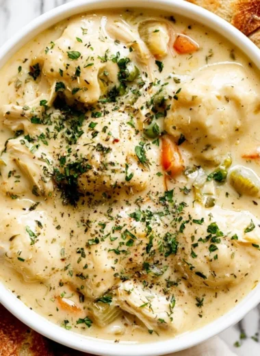 Bowl of cozy chicken dumpling soup topped with herbs and spices
