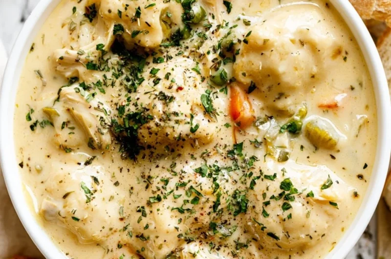Bowl of cozy chicken dumpling soup topped with herbs and spices