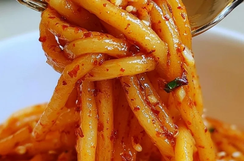 Delicious cozy garlic chili oil noodles garnished with chili flakes and herbs