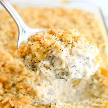Cozy poppy seed chicken casserole dish ready to serve.
